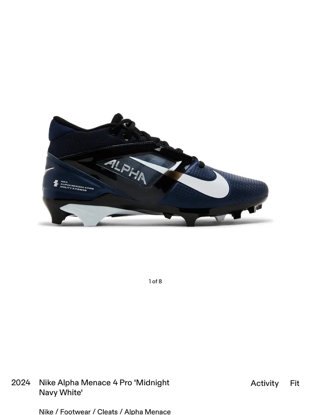 Nike Alpha Menace 4 Pro Cleats in Midnight Navy and White. Men’s 11